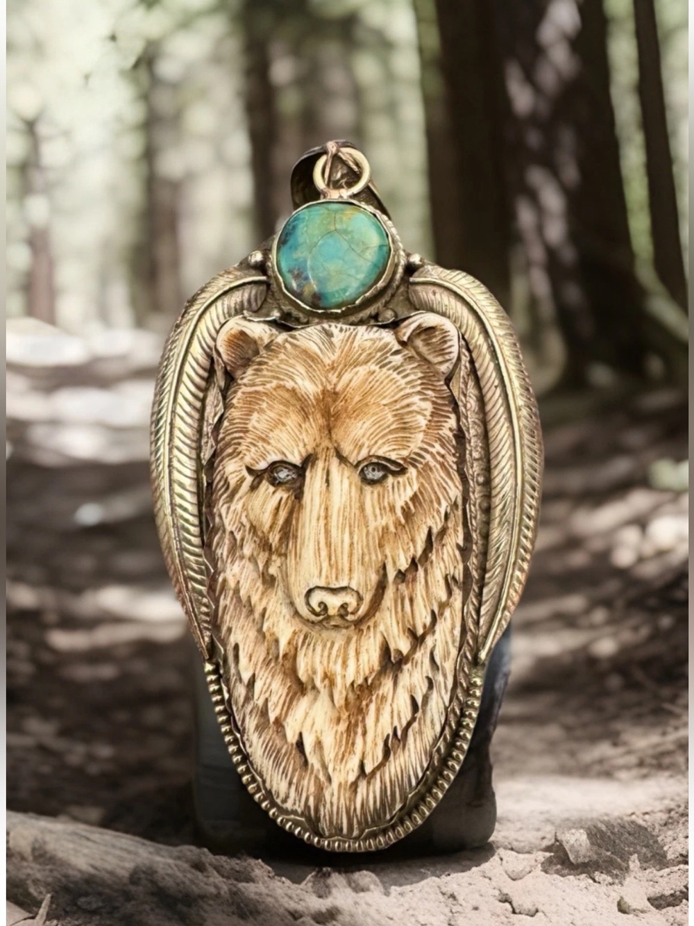 Hand Carved Large Bear Face Art Bone Pendant Set In Silver & Turquoise 4.7in,59g